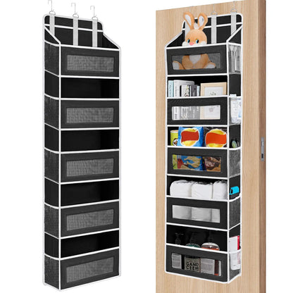 6-Tier Over The Door Organizer Storage, Hanging Pantry Organizer with 6 Large Pockets & Clear Mesh Side Pockets, Anti-Tilt Design 44 lbs Capacity Space Saver for Kitchen, Bathroom, Bedroom