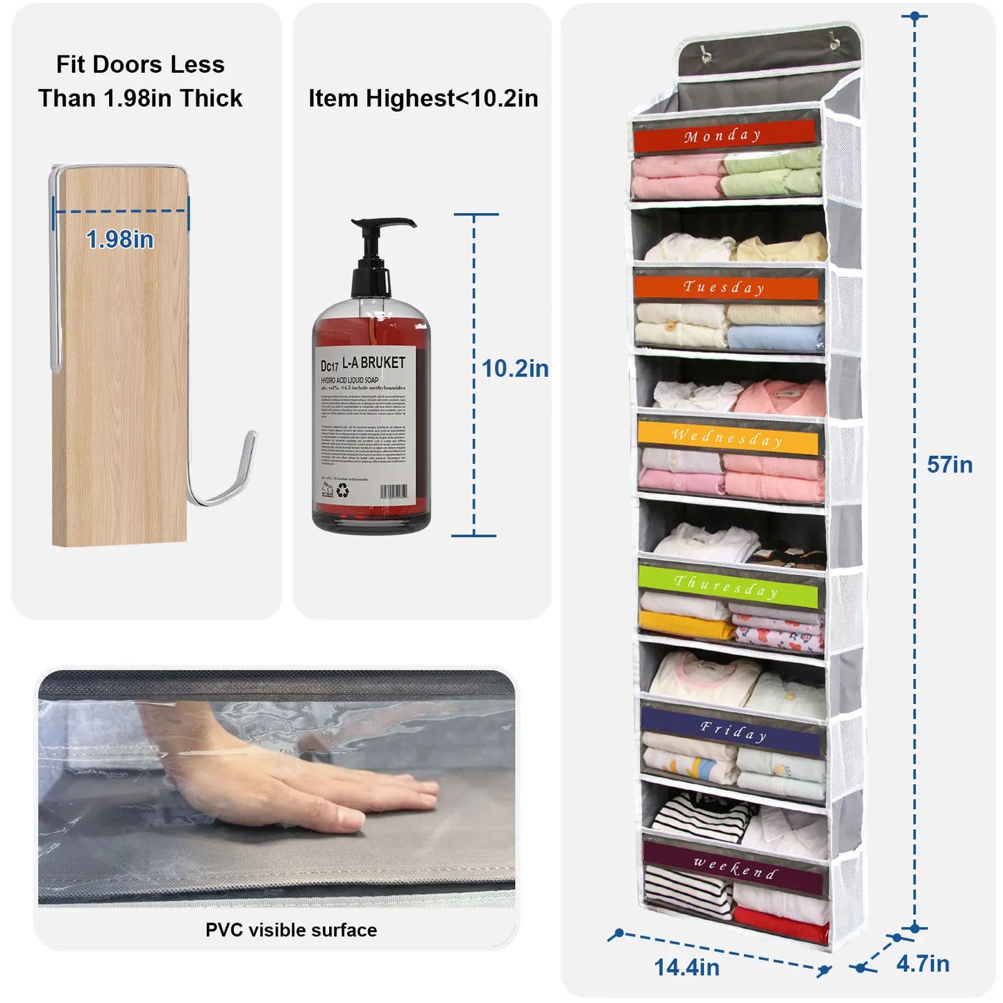 6-Tier Over The Door Organizer Storage, Hanging Pantry Organizer with 6 Large Pockets & Clear Mesh Side Pockets, Anti-Tilt Design 44 lbs Capacity Space Saver for Kitchen, Bathroom, Bedroom
